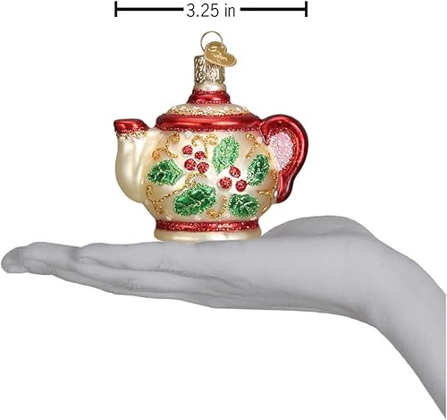 Miniatura 5 de Old World Christmas Adornos Regalos de café y té Adornos soplados de vidrio para árbol de Navidad, tetera de acebo 3 X 3.25 X 2.25