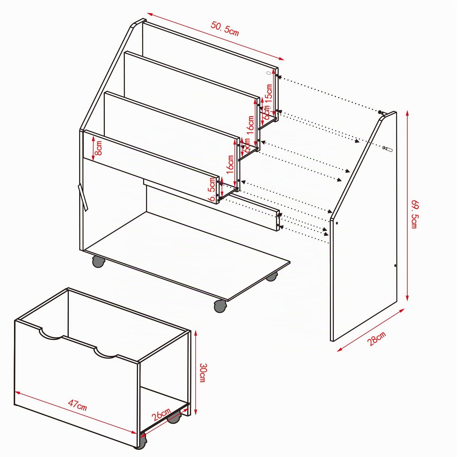 WOLTU Kinderregal Bücherregal Regal für Kinder, Spielzeugregal 3 Regale Aufbewahrungstruhe mit Räder, Baby Standregal aus Holz Mehrzweck Organizer für Kinderzimmer