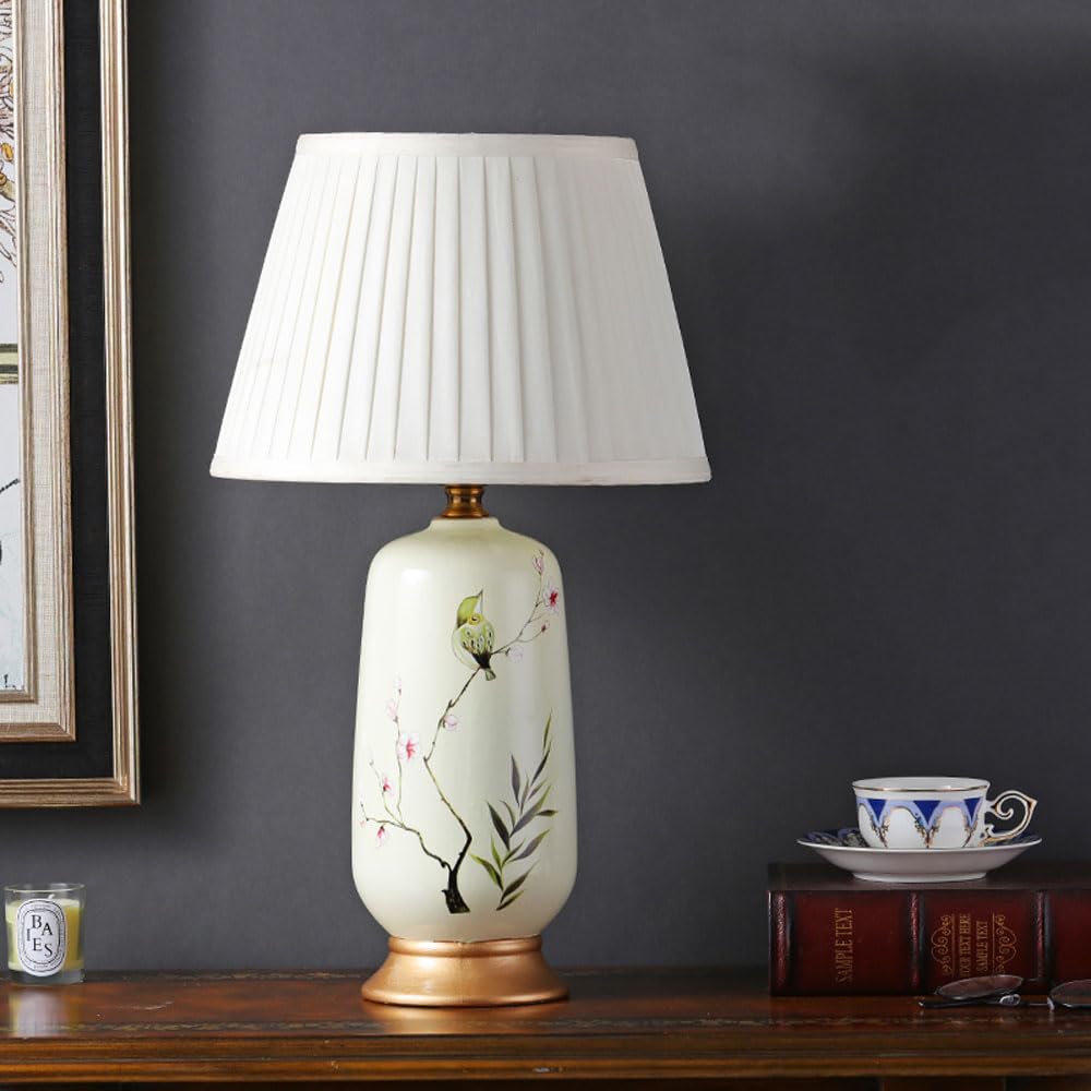SGKOMN 24" American Hand-Painted Flower And Bird Ceramic Table Lamp Bedroom Bedside Desk Nightstand Lamp With Fabric Lampshade For Aisle Vase Lamps-D
