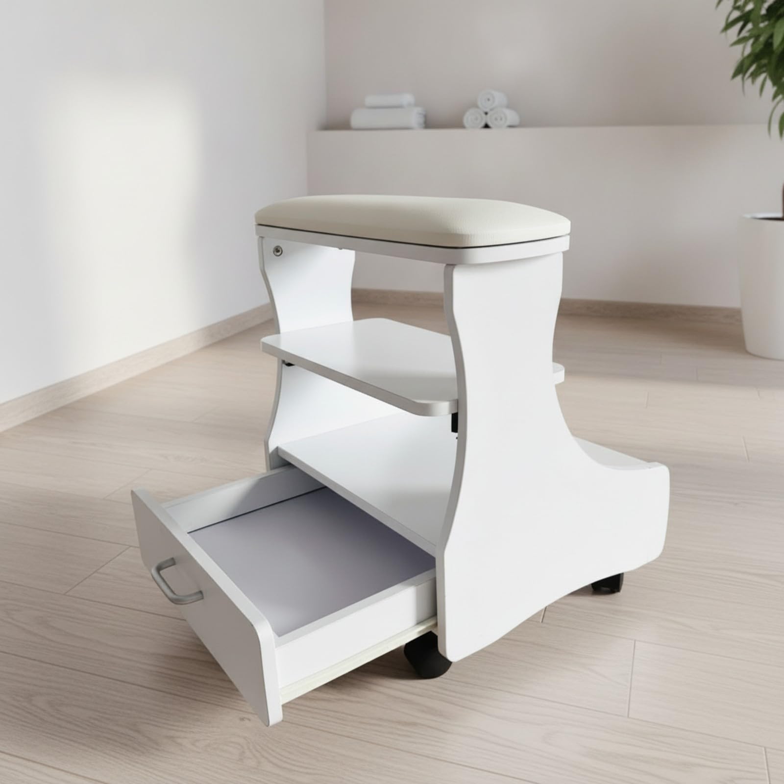 Sgabello per Pedicure con Ripiano | Compatto, Salvaspazio, Sedia per Pedicure, Centro Estetico, Casa, Estetiste, Onicotecniche,