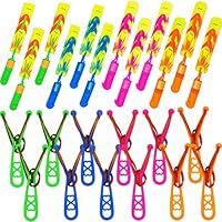 JX 24 Pack Rocket Slingshot Flying Toys with Led Lights,24Pcs LED Arrow Helicopters + 24Pcs Launchers,Summer Outdoor Game LED Slingshot Toy for Kids, Glow in The Dark Kids Party Supplies