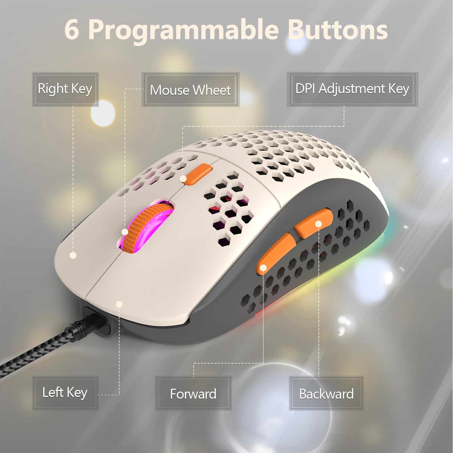 RK-T60 Tastiera e mouse da gioco meccanico cablato Combo portatile con retroilluminazione arcobaleno 62 tasti NKRO 6400DPI RGB a nido d'ape cavo aviatore a spirale per PS4/PC/WIN Gamer (grigio