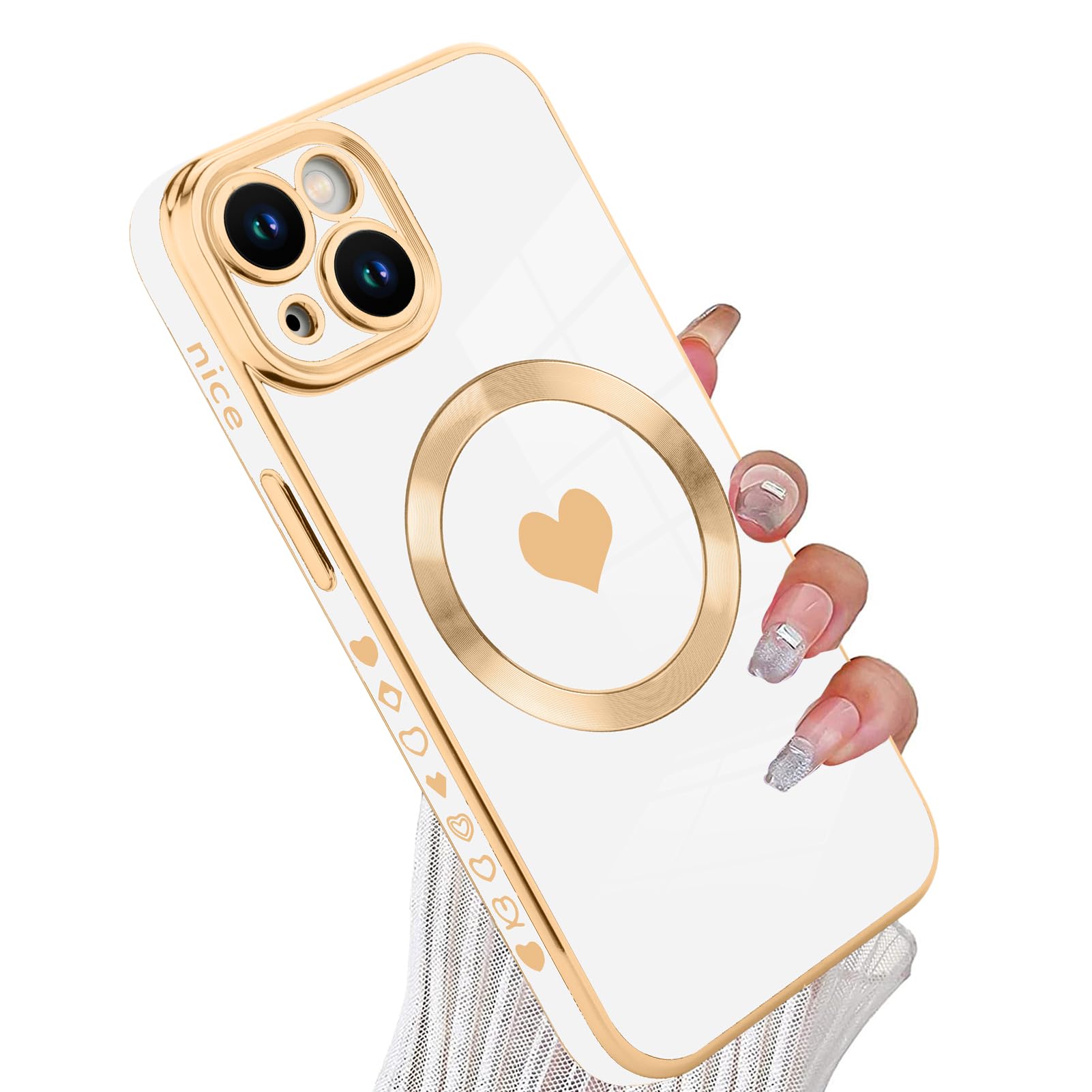 tharlet Magnetic for iPhone 15 Case [Compatible with Magsafe] Cute Love Heart Luxury Plating Gold Edge Bumper with Full Camera Lens for iPhone 15