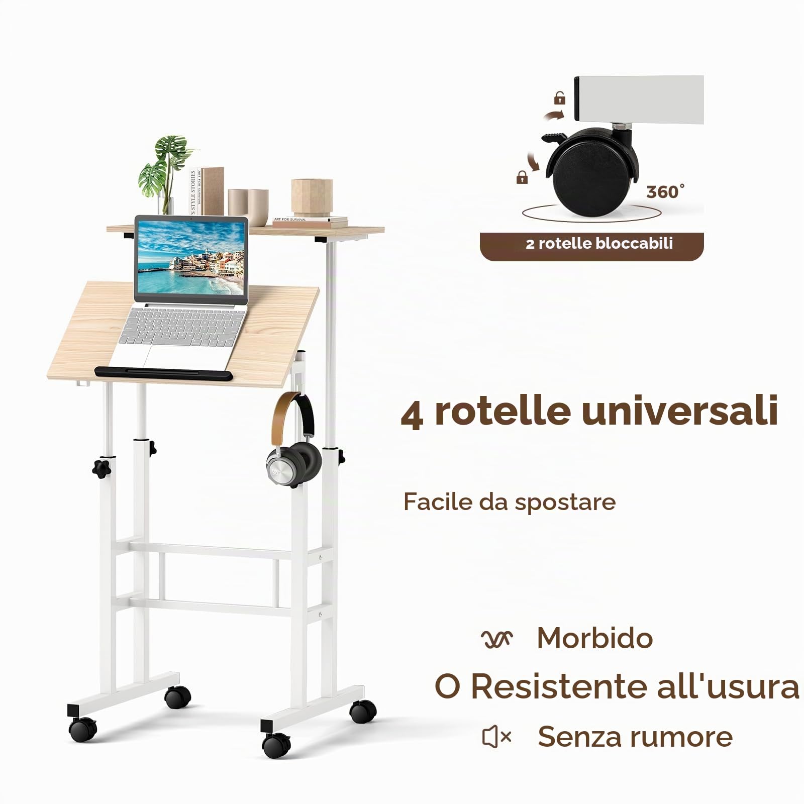 LIFEZEAL Scrivania Sit-Stand con Ruote, Scrivania Mobile per Computer con Ripiani, Tavolo da Studio con Struttura in Acciaio Regolabile in Altezza, per Ufficio, Camera da Letto e Soggiorno (naturale)