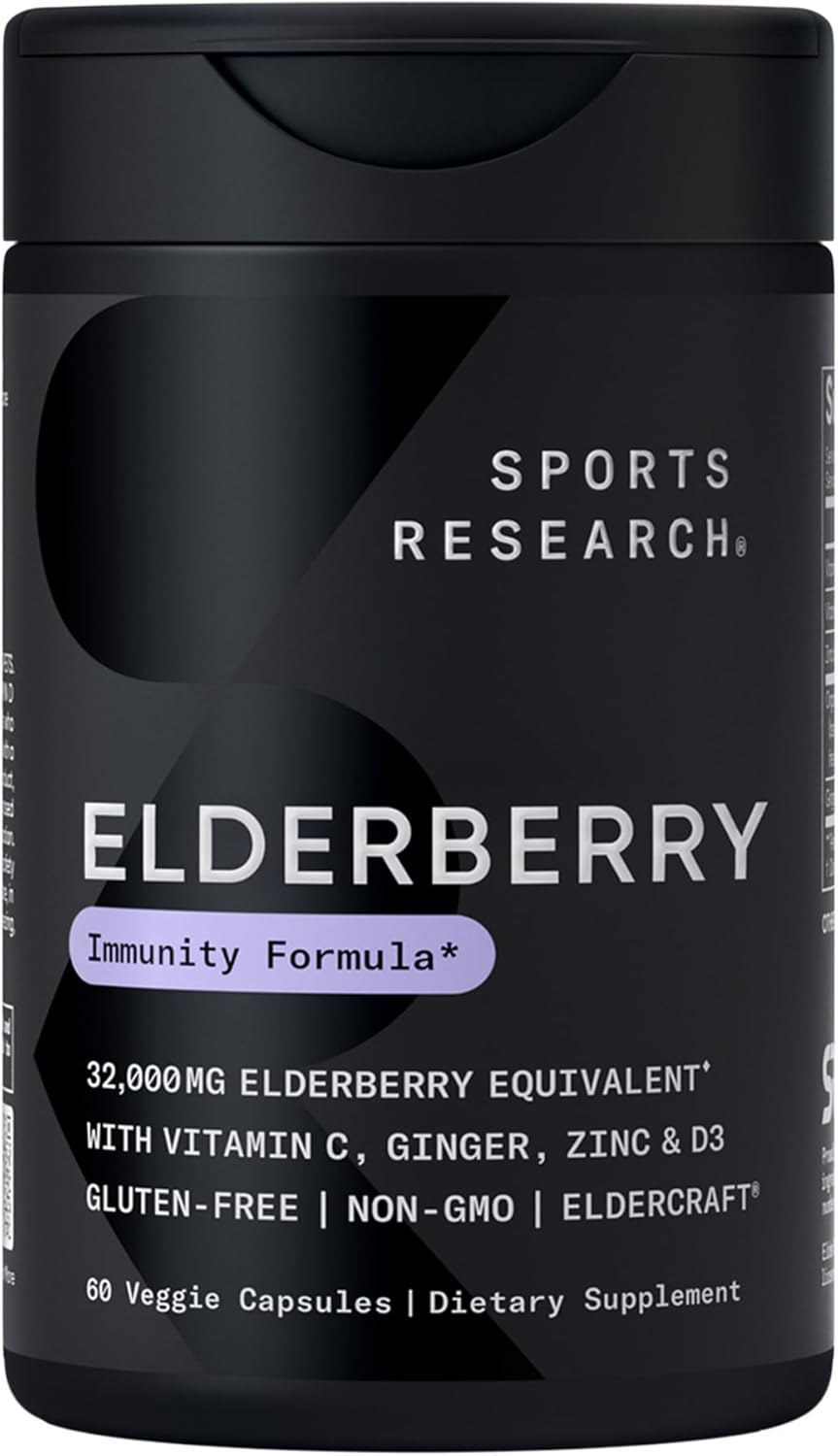 Sports Research® Daily Immune Support Elderberry with Zinc, Vitamin C, Ginger & Vitamin D3 5000iu - Gluten Free · Non-GMO Verified · Soy Free - 60 Veggie Capsules - Image 1 of 8