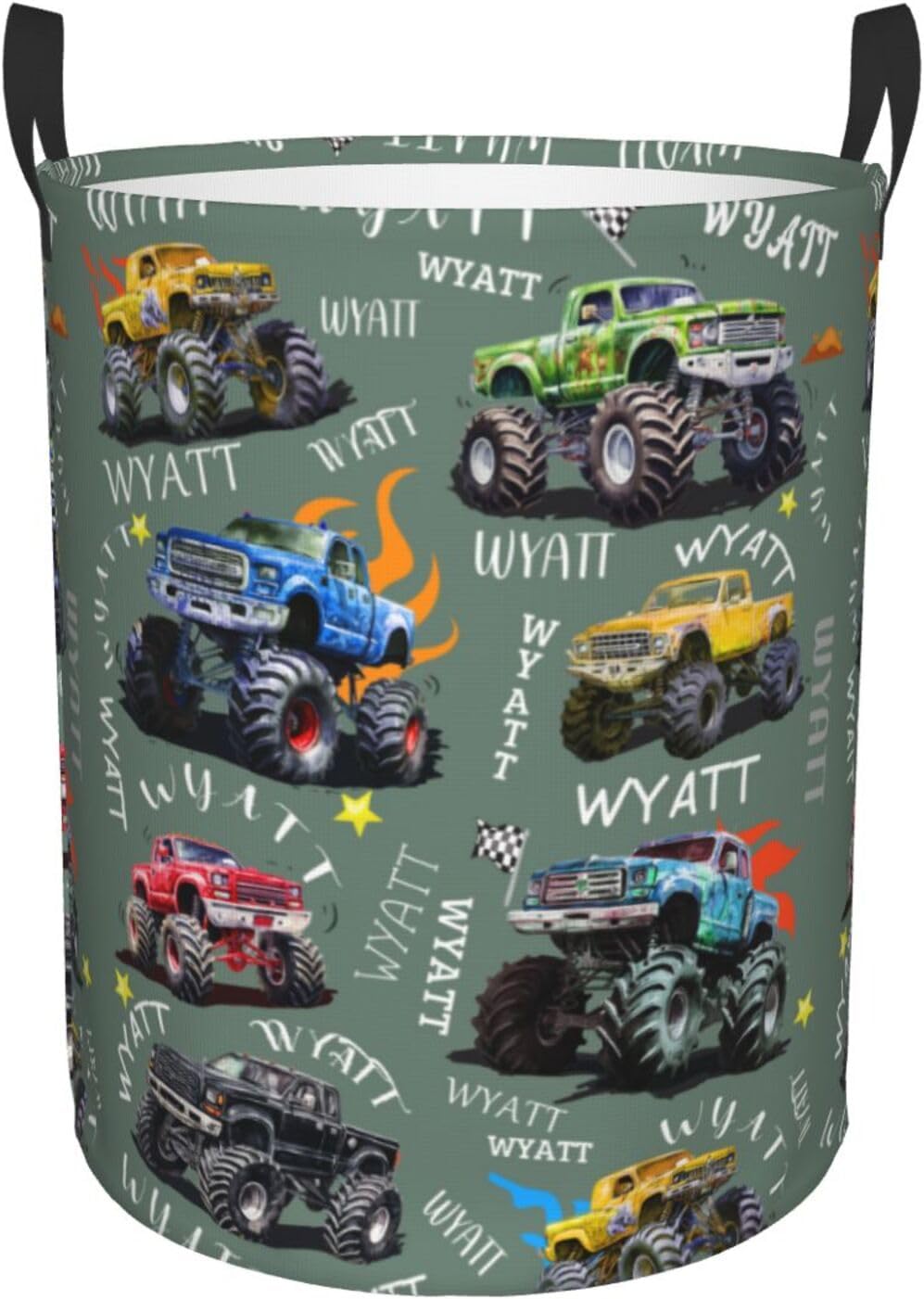 Personalized Mon-Ster Trucks Laundry Hamper Gifts, Custom Mon-Ster Trucks Laundry Basket With Name for Kids Boys Girls Adults, Collapsible Baby Laundry Hamper, Dirty Clothes Hamper With Handles Medium