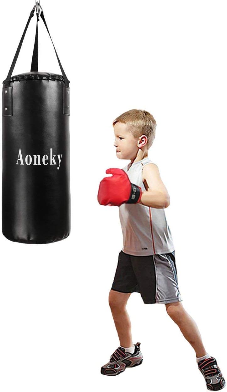 Aoneky Kids Punching Bag – Filled Boxing Bag for MMA and Kickboxing Training, Heavy Duty Brazing Leather, Strong Hanging Braid Strap for Ceiling, Youth Workout Activity for Children