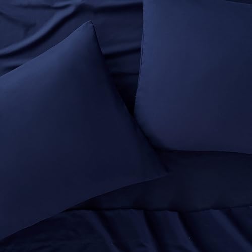 800 Thread Count 4-Pcs Bed Sheets Set Navy Blue 100% Cotton Bedlinen Set for Short Queen Size Bed Single Ply Long Staple Cotton Yarns Breathable