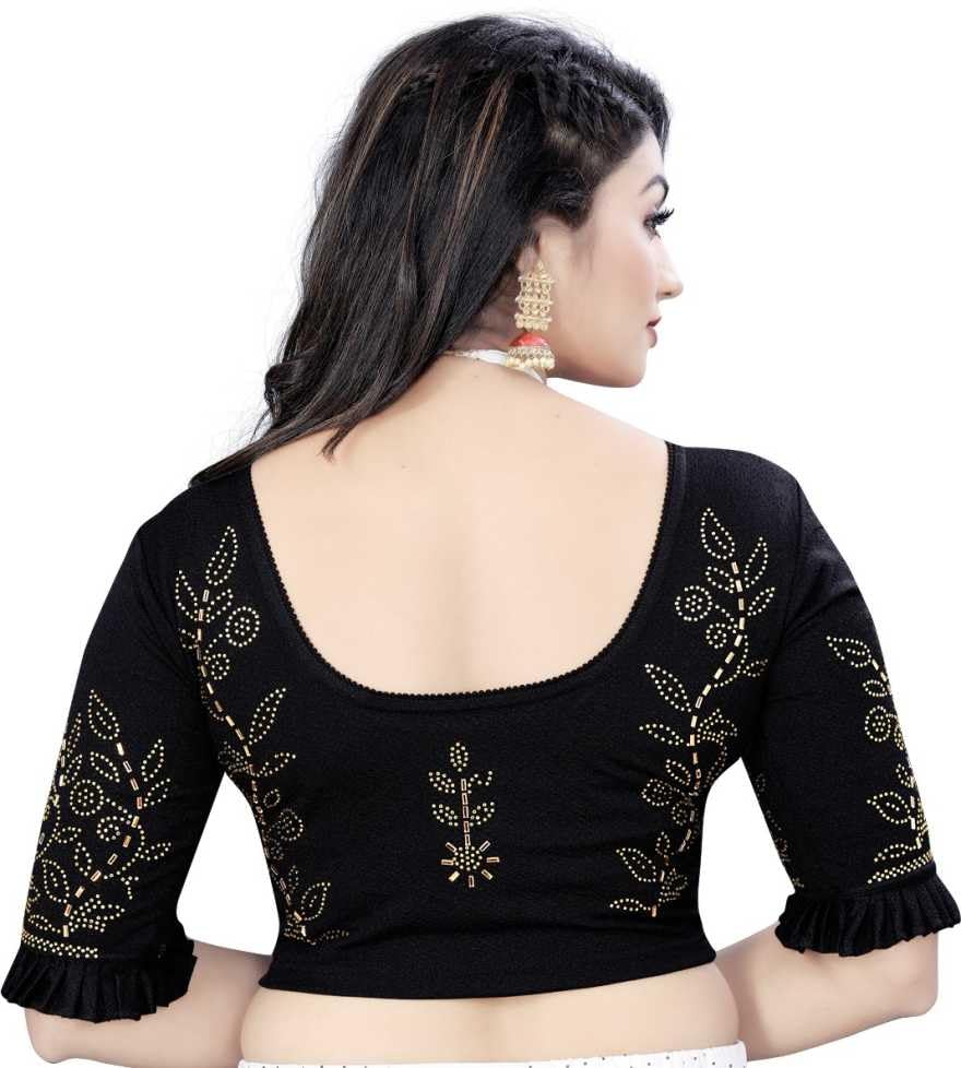 Stylish Stone Work Readymade Saree Blouse for Women Golden Swarovski Work on Stretchable Round Neck Half Sleeves with Frill Black Size 32"-image-25