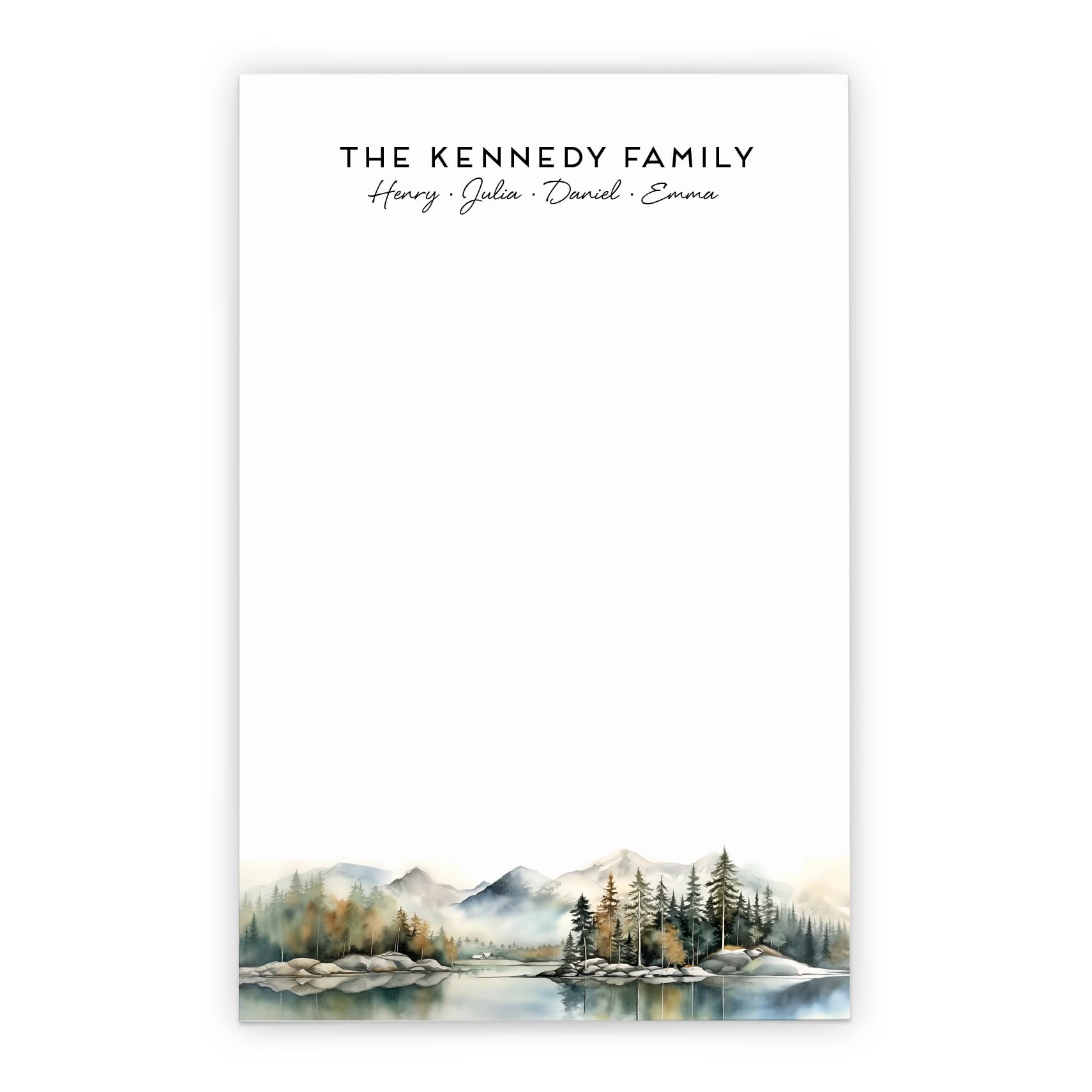 Personalized Family Stationery Notepads with Names, Watercolor Lake Landscape Paper, Mountain Stationery Set, Nature Notepad, Unlined or Lined Writing