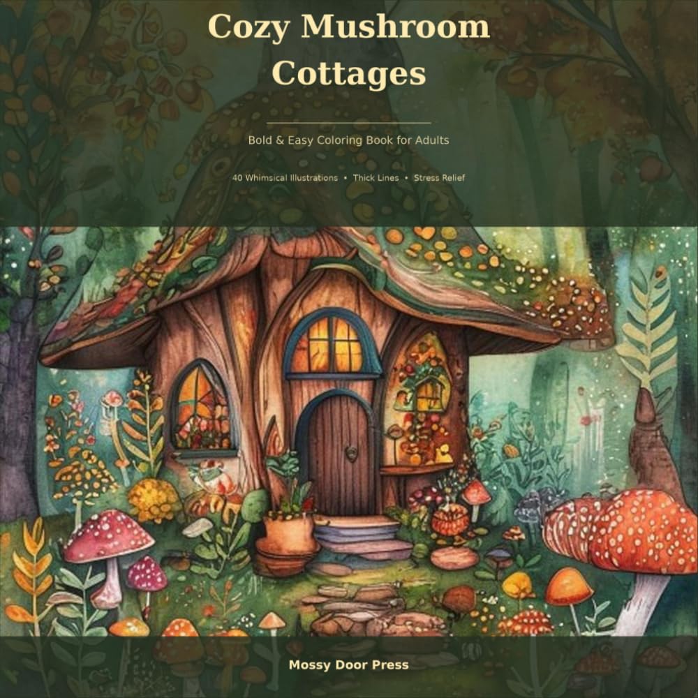 Cozy Mushroom Cottages: Bold and Easy Coloring Book for Adults with 40 Whimsical Mushroom Houses for Relaxation and Stress Relief