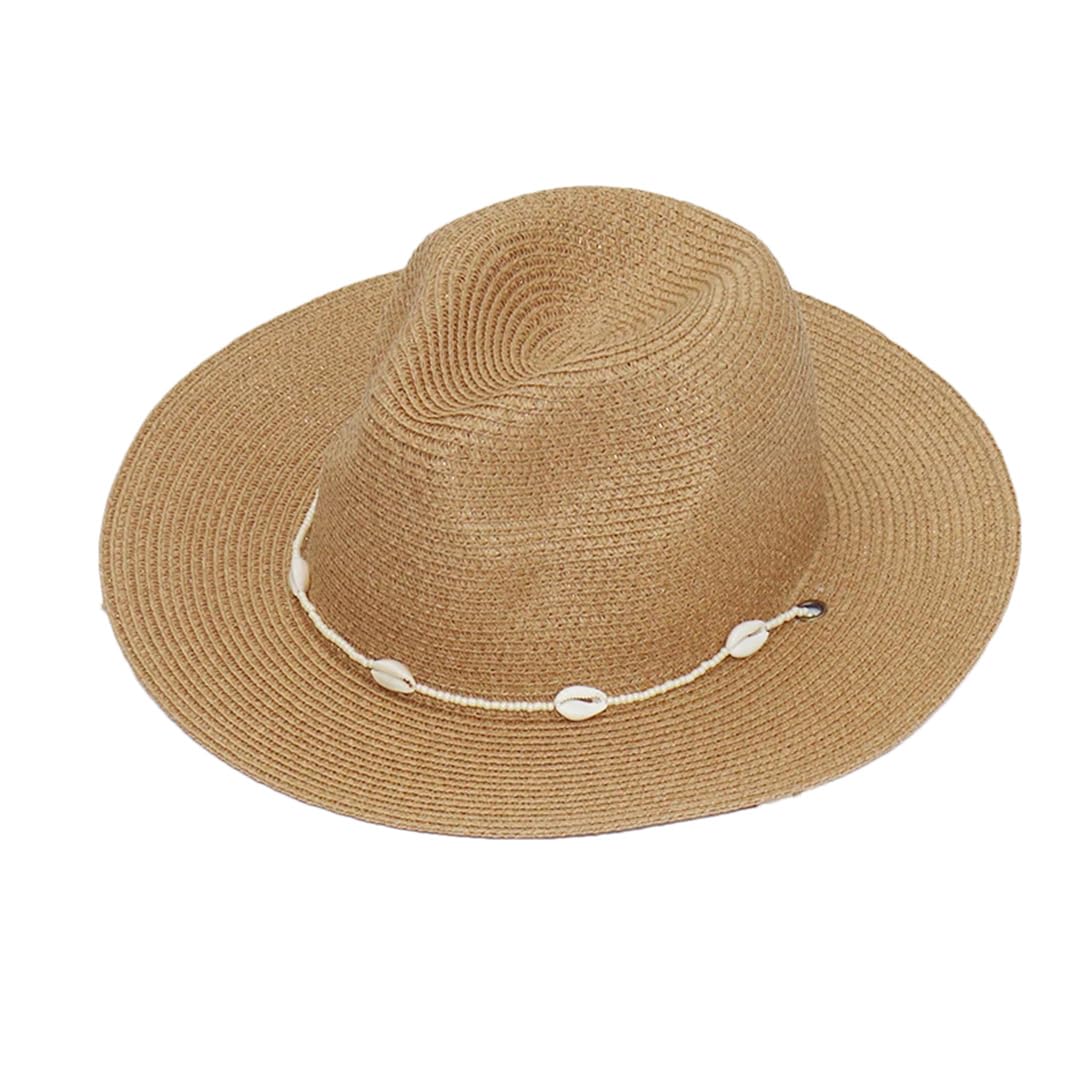 LCUVIMPEX Bucket Hats， Women Paper Straw Fedora Beach Hat Multicolor Beads Seashells Adjustable Chin Strap(Khaki9)