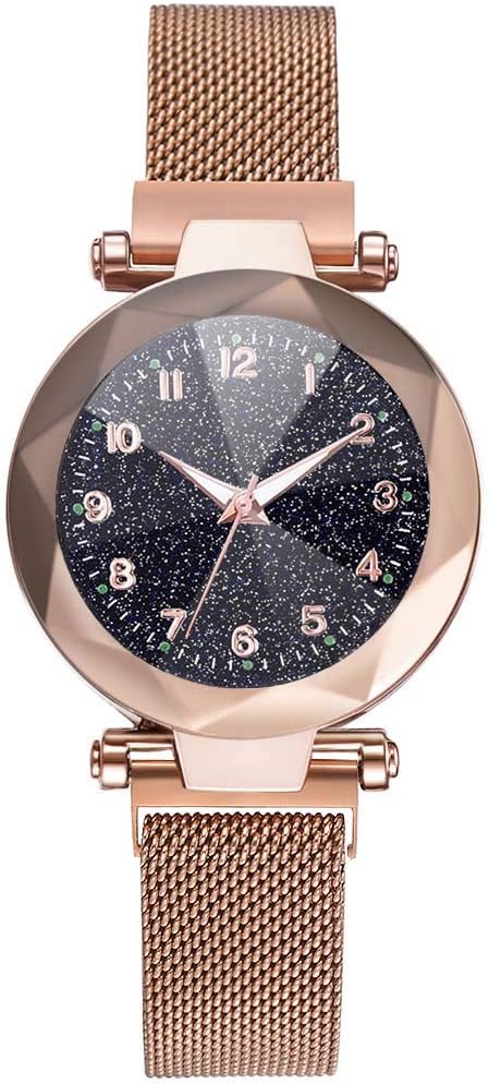 Women Watch - Women's Analogue Quartz Wrist Watch Starry Sky Convex Glass Quartz Mesh With Magnetic Buckle Ladies Watch (Rose Gold)