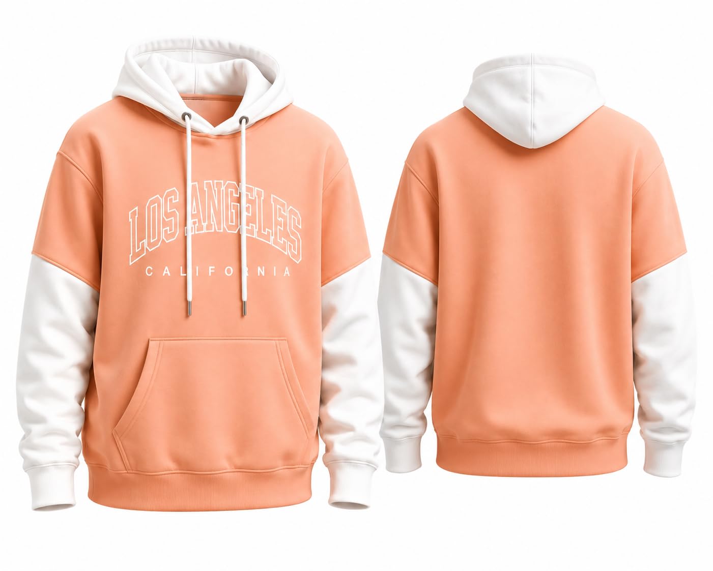 Los Angeles California Colour Block Pullover Hoodie Peach and White-image-47