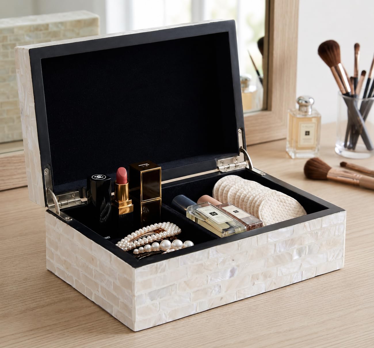 PEMAR Cajas de joyería con incrustaciones de nácar con tapas, cofre del tesoro rectangular, caja de almacenamiento decorativa de madera para bolsas de té, café, suministros de oficina, joyas,