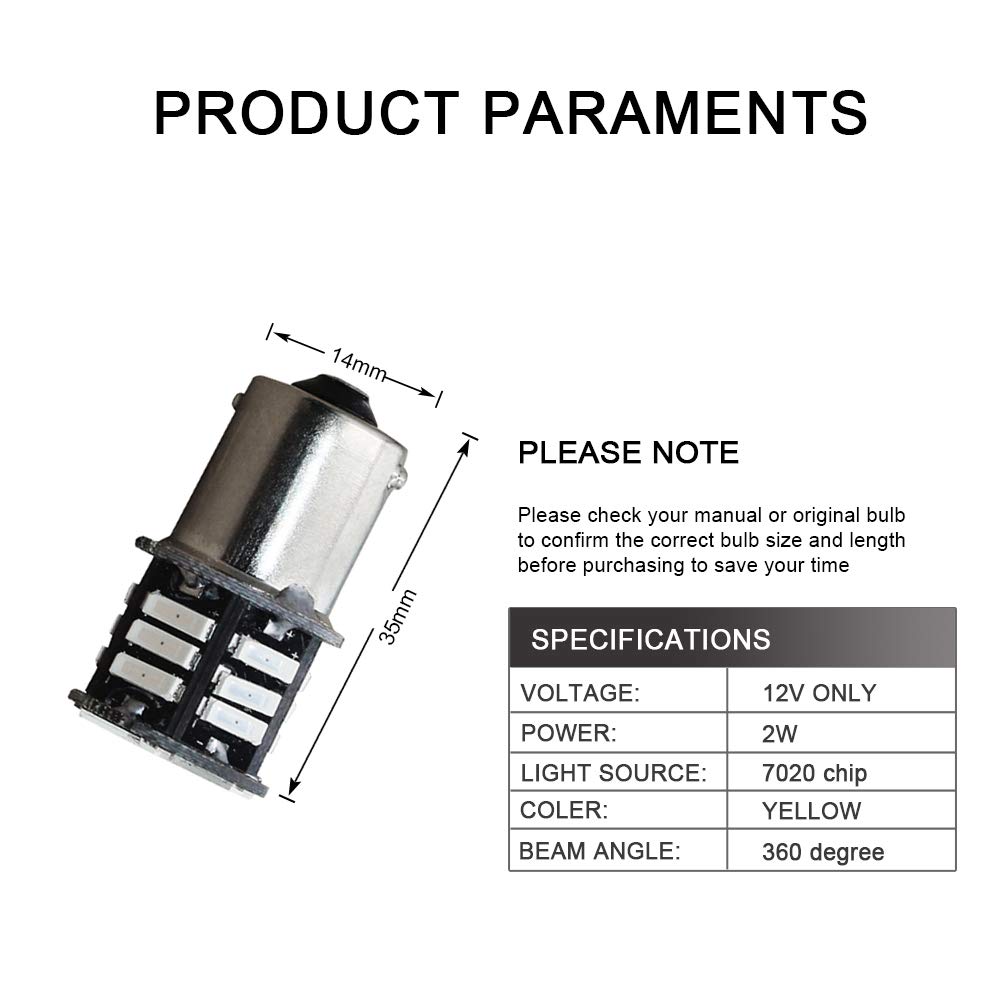 Yolu 10-Pack Super Bright 1156 LED Bulbs 7020 21-SMD 2W for 1141 1003 1073 BA15S 7506 LED Lights Replacement for Back Up Reverse Tail RV Lights Yellow