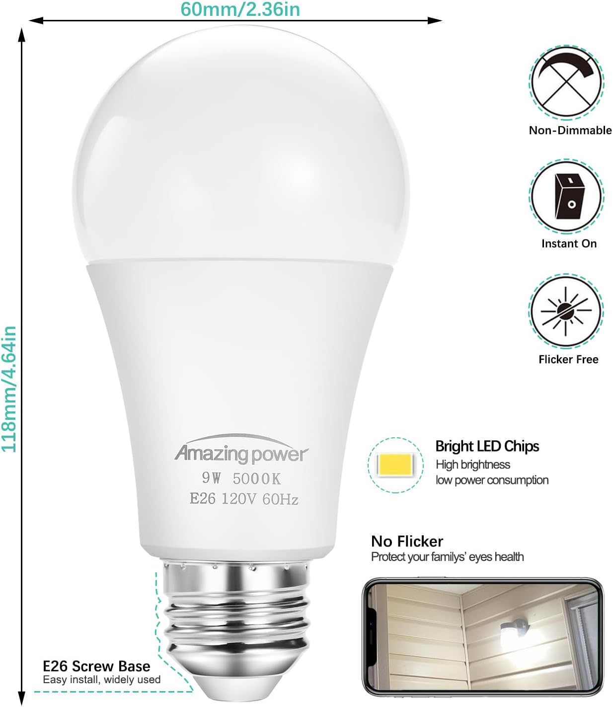 Dusk to Dawn Light Bulbs, Sensor E26 LED Bulb 9W (60W Equivalent), 825LM, 5000K Daylight White, Auto On/Off Light Bulbs for Outdoor Lighting, 4-Pack
