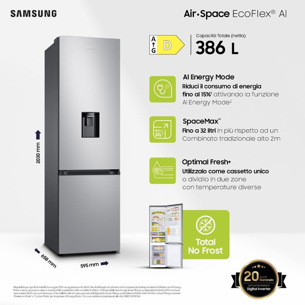 Samsung Frigorifero Combinato EcoFlex AI RB38C634DSA/EF con Dispenser dell'Acqua, WiFi, SpaceMax, Total No Frost, Motore Digital Inverter Garantito 20 Anni, 386 L, LxAxP: 59,5x203x65,8 cm, Silver Inox