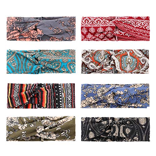 8 Pack Boho Headbands for Women Girls Fashion Hair Bands for Women's Hair Wide Bohemian Knotted Yoga Headband Head Wrap Criss Cross Hair Band Elastic Accessories (Color C)