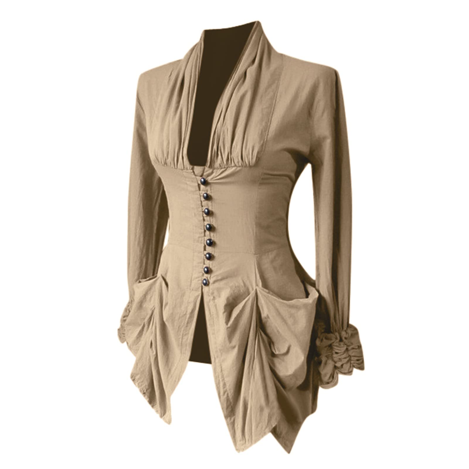 Medieval Victorian Ruffle Lace Shirt Gothic Top Lolita Long Sleeve Vintage Baroque Steampunk Renaissance Blouses, Khaki, M