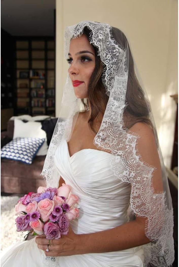 Zehory Velo de novia blanco corto Mantilla velo novia encaje católico velos accesorios para el pelo para las mujeres
