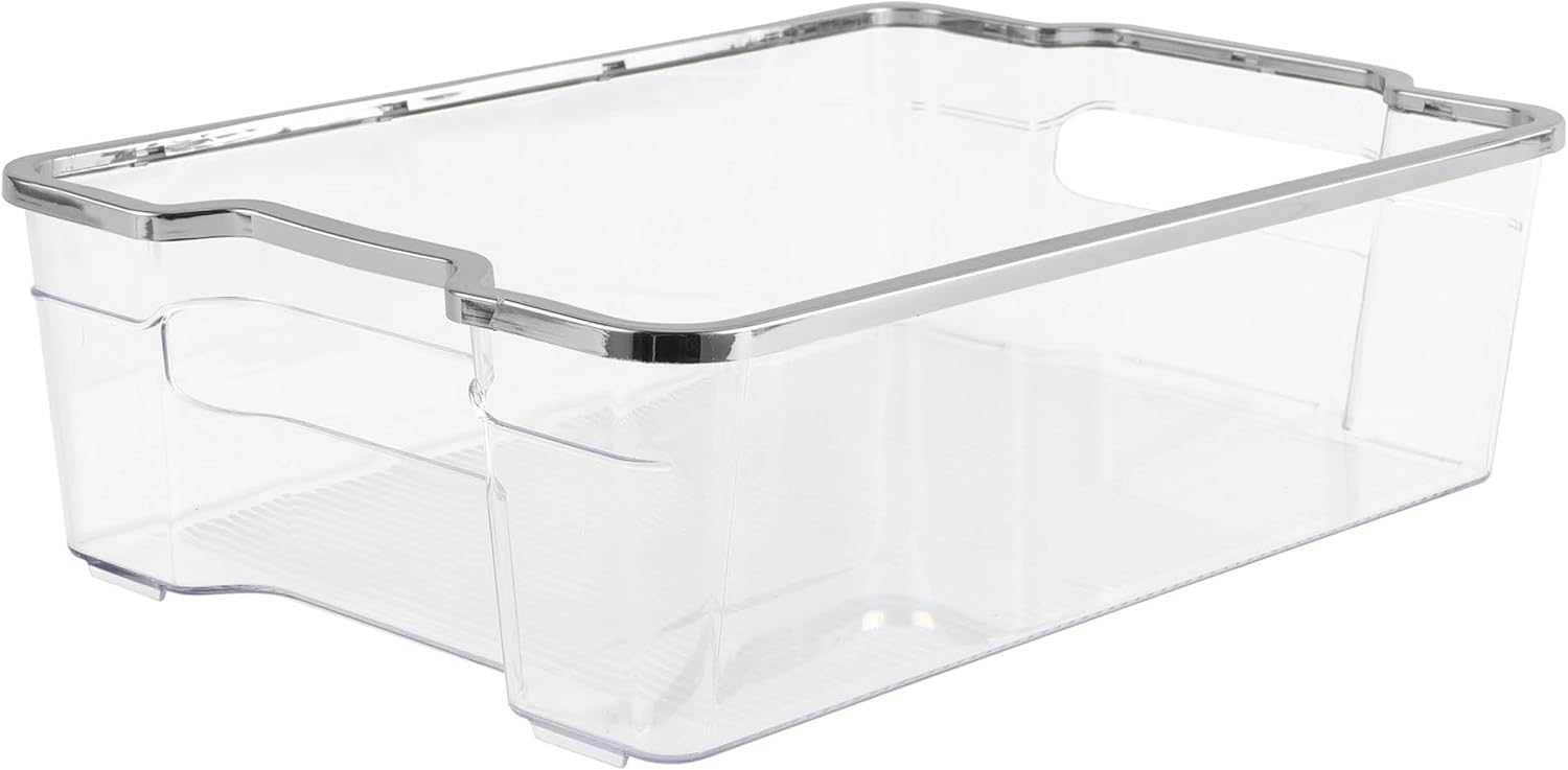 SIMPLEMADE Clear Refrigerator Organizer Bins - Clear Bins for Fridge, Containers for Fridge and Freezer, Multipurpose Storage for Kitchen, Office, Bathroom, Silver Rim (8" x 12")