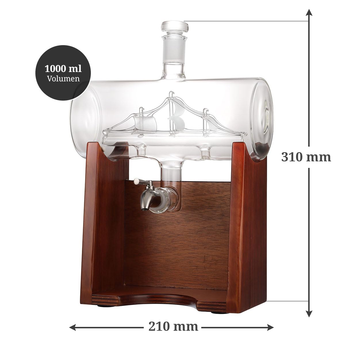 polar-effekt Whisky Barrel Dekanter 1 Liter & Gläser 320 ml mit Gravur - Personalisiertes Männergeschenk - Mit Karaffe, 2 Whiskygläser, Holzständer & Zapfhahn