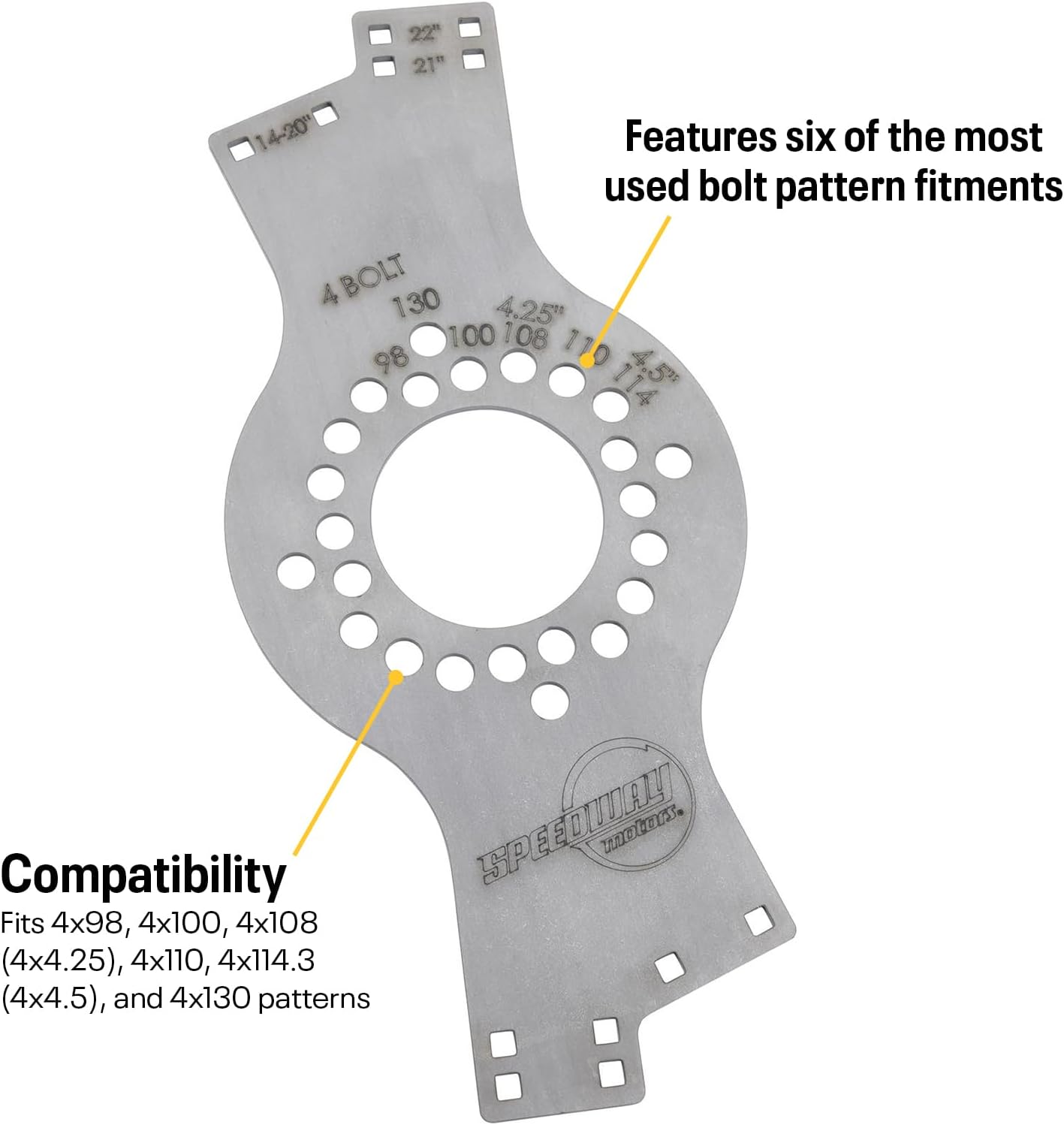 Speedway Motors WheelWise™ 4-Lug Wheel Fitment Tool Center Plate, Laser Cut 10 Gauge Steel, Expands Fitment to Multiple Bolt Patterns, Laser Etched for Accurate Measurement