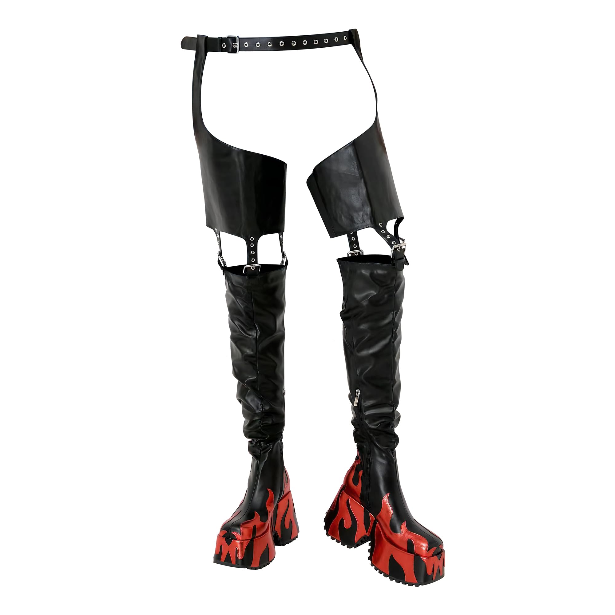 HiColor Womems fashion flames printing round toe chunky sole boots Belted striking buckle strap sexy thick heel thigh