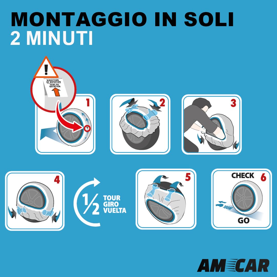 AMCAR Calze da Neve Tessili Taglia M Omologate Italia EN 16662-1 - Catene da Neve in Tessuto Montaggio 3 Minuti - Snow Sock Auto SUV Compatibili Veicoli Elettrici - Tessuto 3D Protezione Cerchi