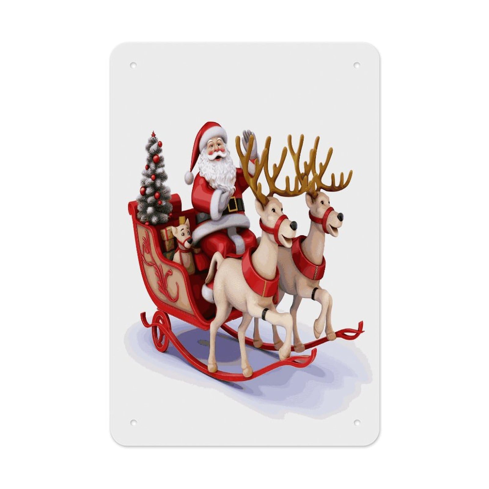 LDGSUPH Santa Claus Reindeer Sled Wall Art Prints Folded Edge Iron Sheet Painting with Holes for Wall Prints Decorative Picture Metal Signboard Decor Painting for Outdoor Indoor Wall Decor