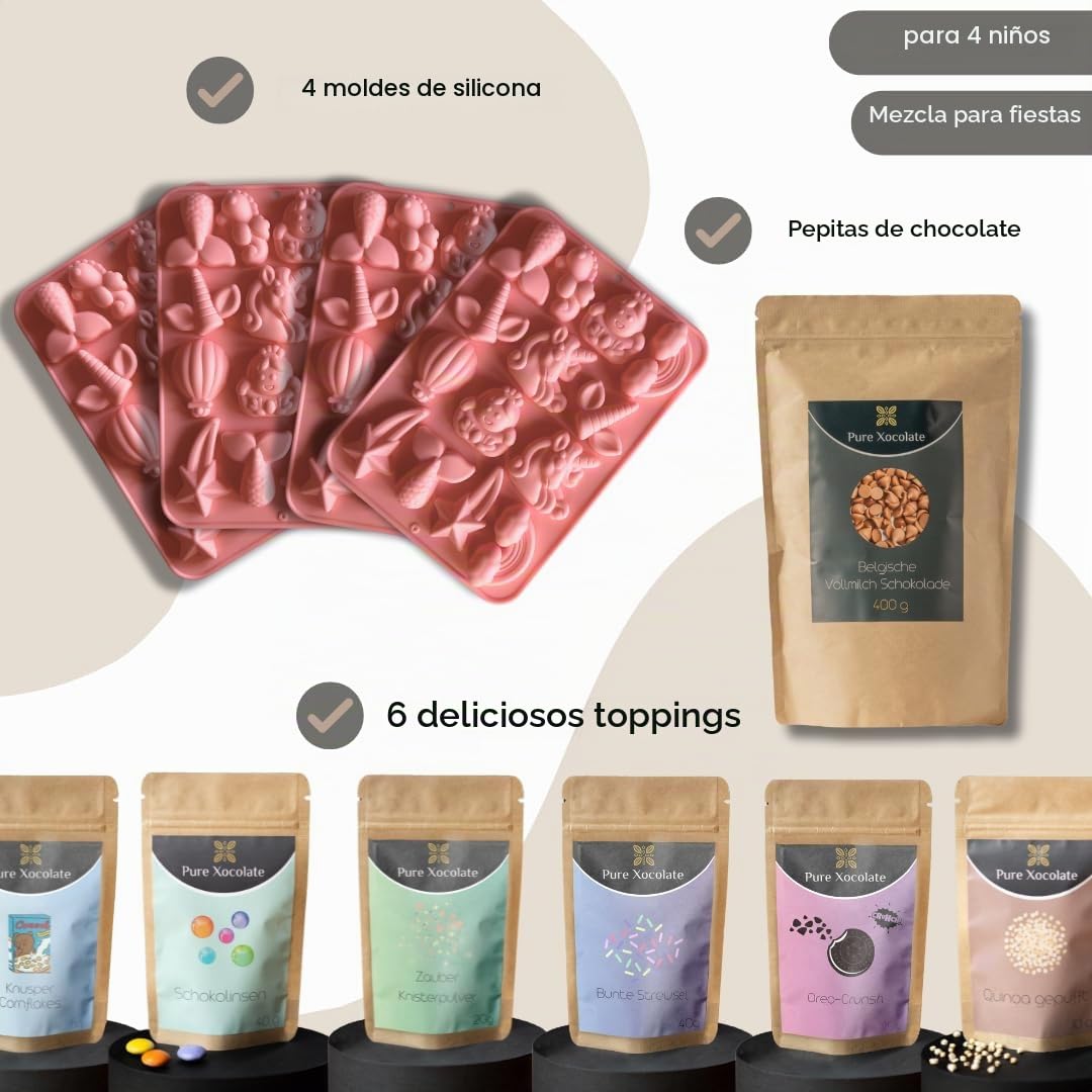 Pure Xocolate – Chocolate DIY – Kit creativo para 4 niños – Incluye 400 g de chocolate, 6 ingredientes de colores y molde de silicona – Cumpleaños infantiles en el interior – Juego de bricolaje