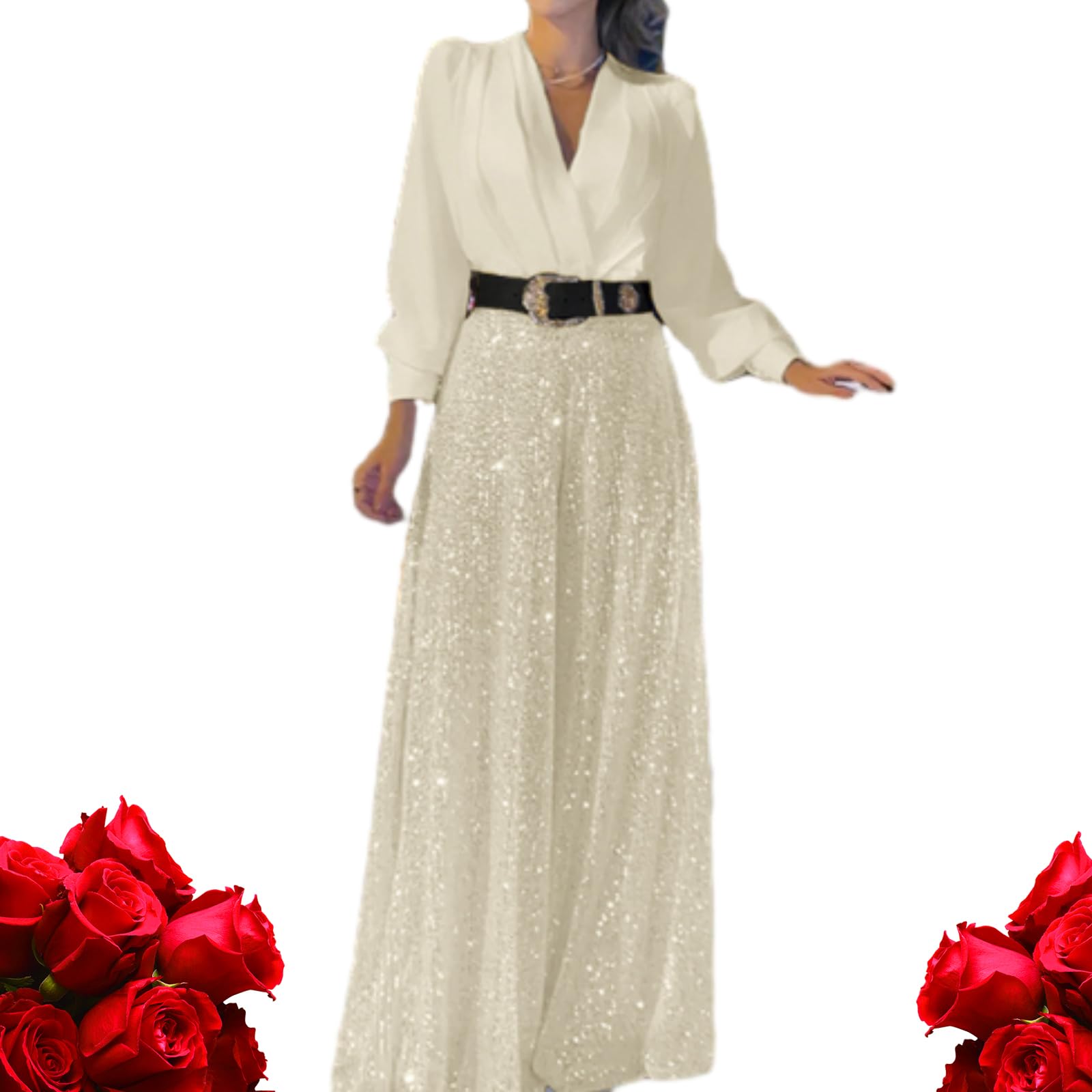 Gagfda Women's Beige Stylish Elegant Long Sleeve Sparkly Sequin Jumpsuit, Bling Sequin Playsuit V Neck Glitter Evening Party Wedding Wide Leg Jumpsuit With Belt (,L)