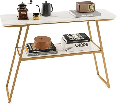 Miniatura 1 de Giantex Mesa consola con estante de almacenamiento, mesa de entrada de 44 pulgadas, mesa de sofá larga y estrecha con marco de metal dorado, tablero