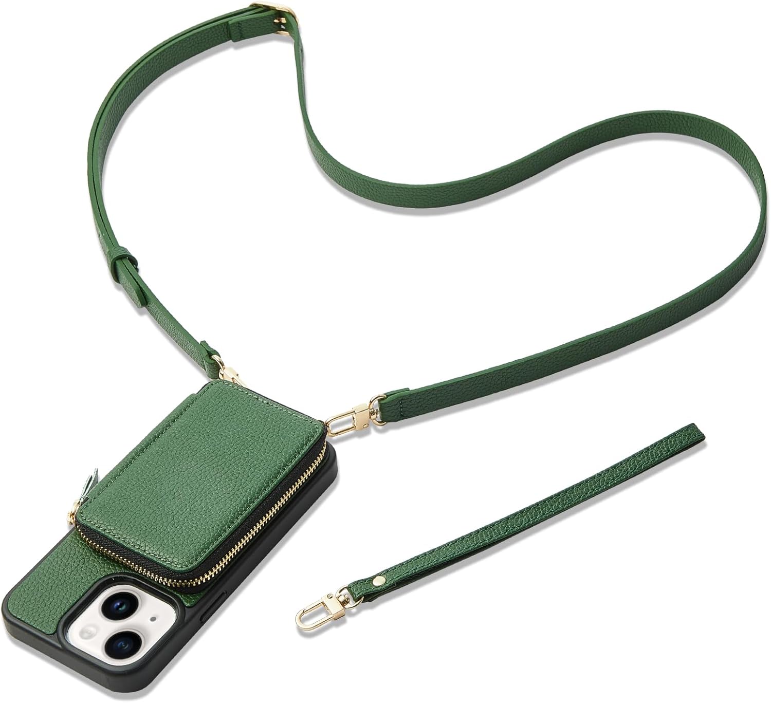 ZVE for iPhone 14 Wallet Case Crossbody, Zipper Phone Case with RFID Blocking Card Holder Wrist Strap, Purse Cover for Women Compatible with iPhone 14, 6.1", 2022-Dark Green