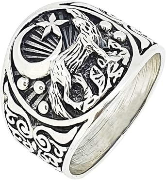 Treasure Bay 925 Sterling Silver Ring For Men and Women Howling Wolf and Crescent Moon Detailing
