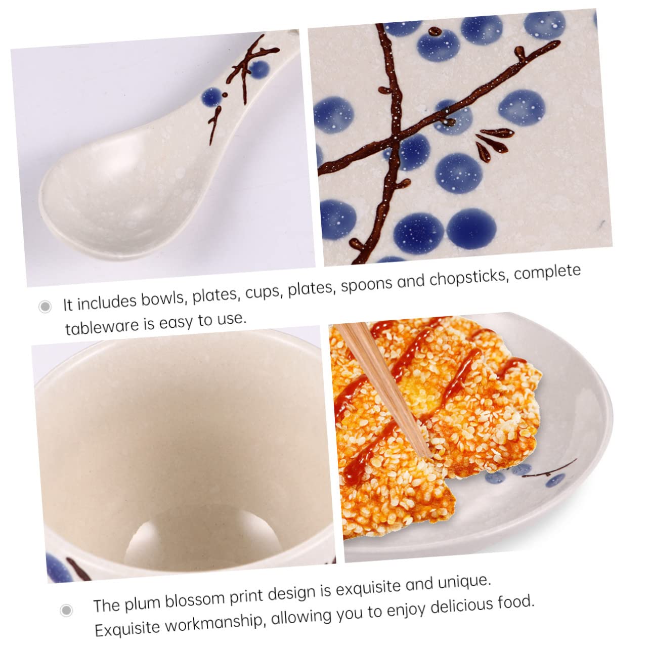 COLLBATH Ensemble D'assiettes Japonerie en Céramique 6 Pièces Personne Bol, Tasse, Cuillère et Baguettes en Bois, Vaisselle Pratique et Design Fleur de Prunier Bleu
