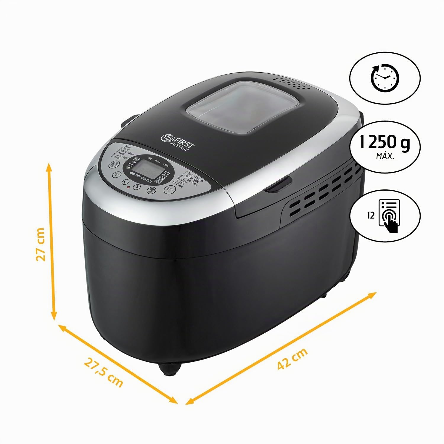 TZS First Austria - Máquina para hacer pan con 12 programas automáticos 850W - Panificadora eléctrica de 700-1250g - Con ventanilla, temporizador, accesorios y función mantenimiento caliente - Negro