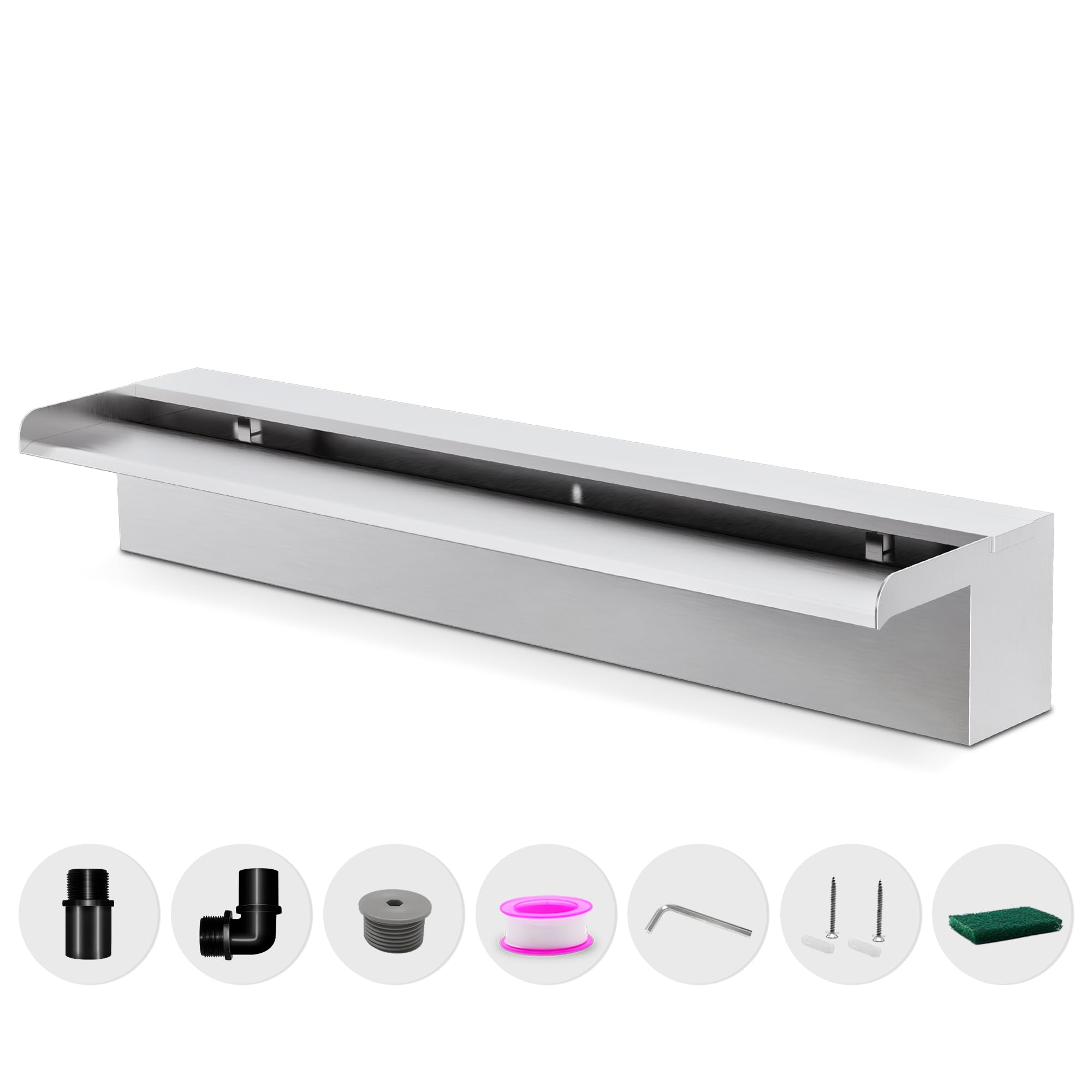 Waterfall Pool Fountain LONGRUNNEW 304 Stainless Steel 23.6" Rectangular Waterfall Spillway, Water Fall Fountain with Pipe Connector for Garden