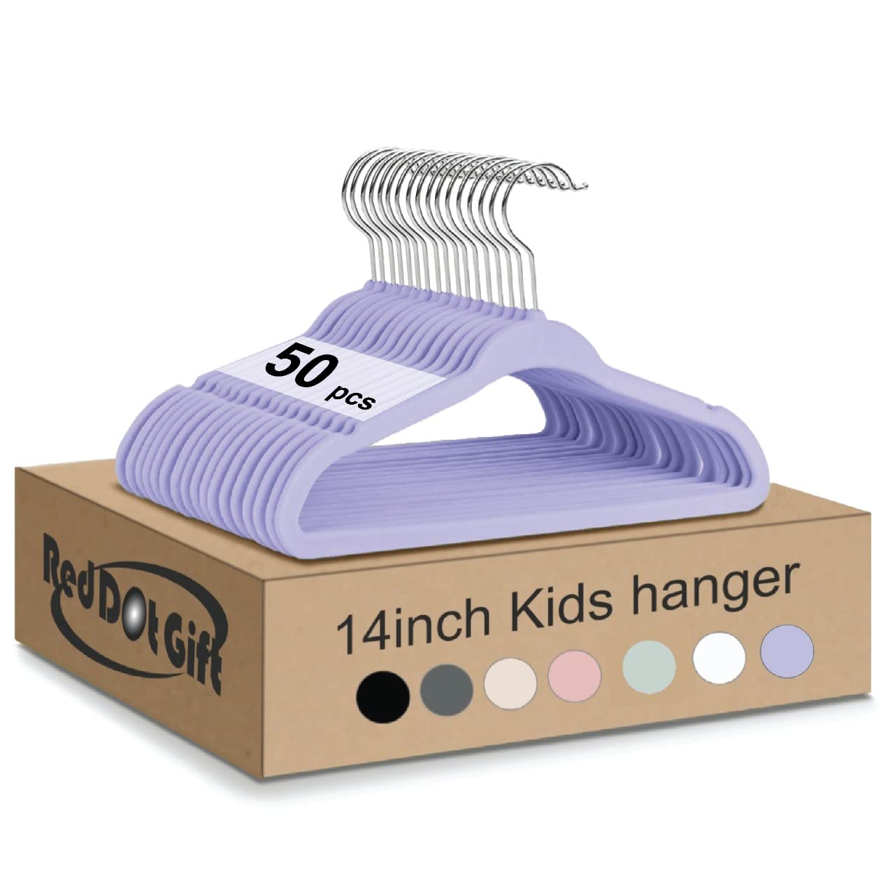 Red Dot Gift® Pack of 50 Velvet Kids Hangers - Premium Childrens Hangers 14 Inch for Closet, Ultra Thin Cute Hangers Kids Clothes Hanger, Non Slip Kids Felt Hangers for Kids Clothes (Light Pruple, 50)