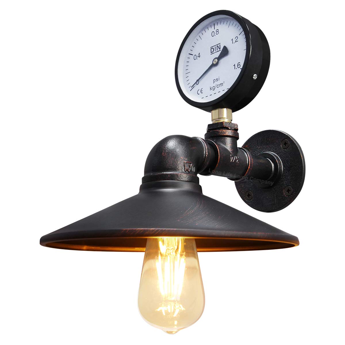 Long Life Lamp Company Copper Steampunk Industrial Water Pipe Wall Light Sconce Shade Rustic Metal With Pressure Gauge M0164f