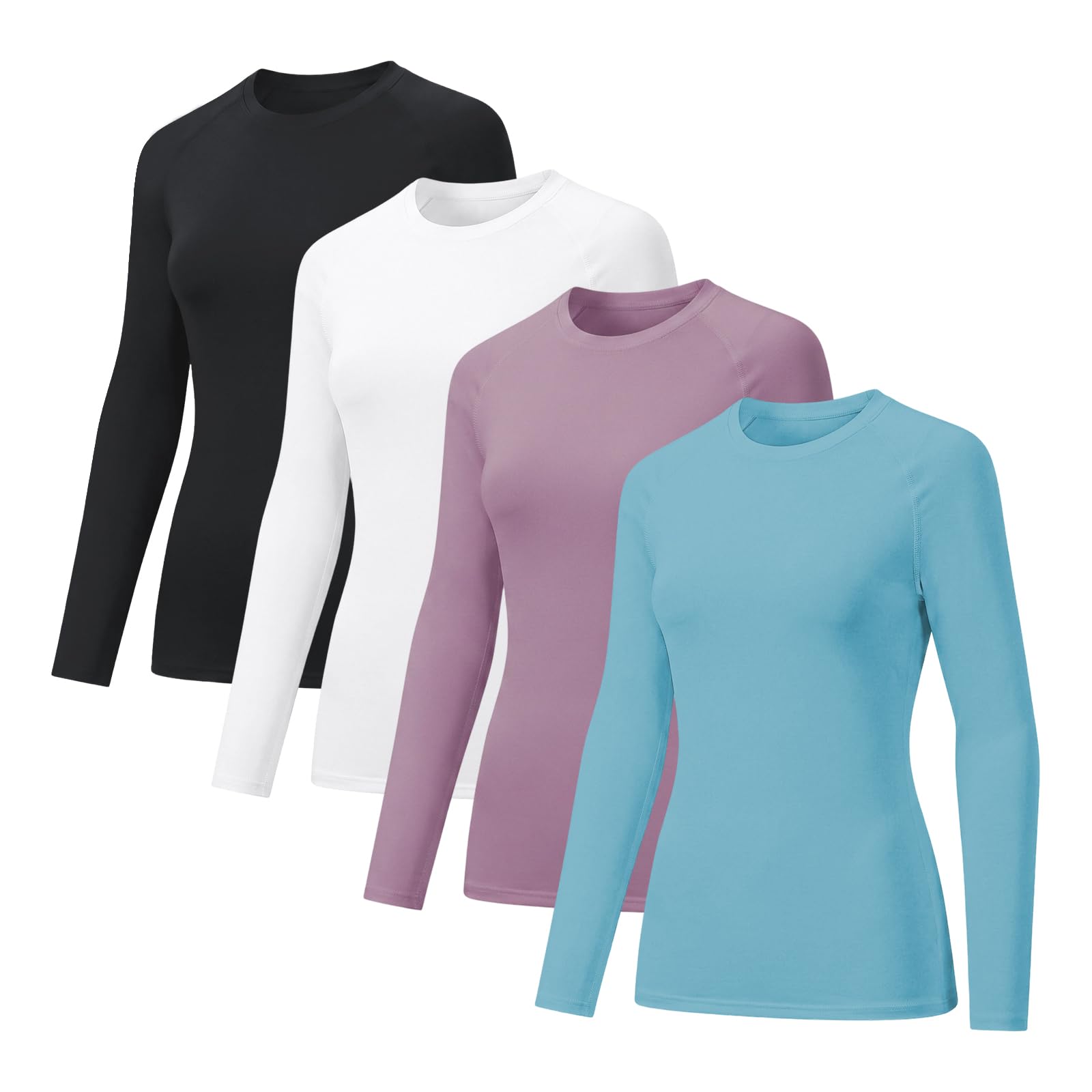 4 Pack Maglietta Compressione Donna Traspirante Asciugatura Rapida Maniche Lunghe Leggero Elastico Base Layer Shirts Yoga Fitness Funzionale Top Sportiva Tee per Corsa Formazione Jogging Viaggi