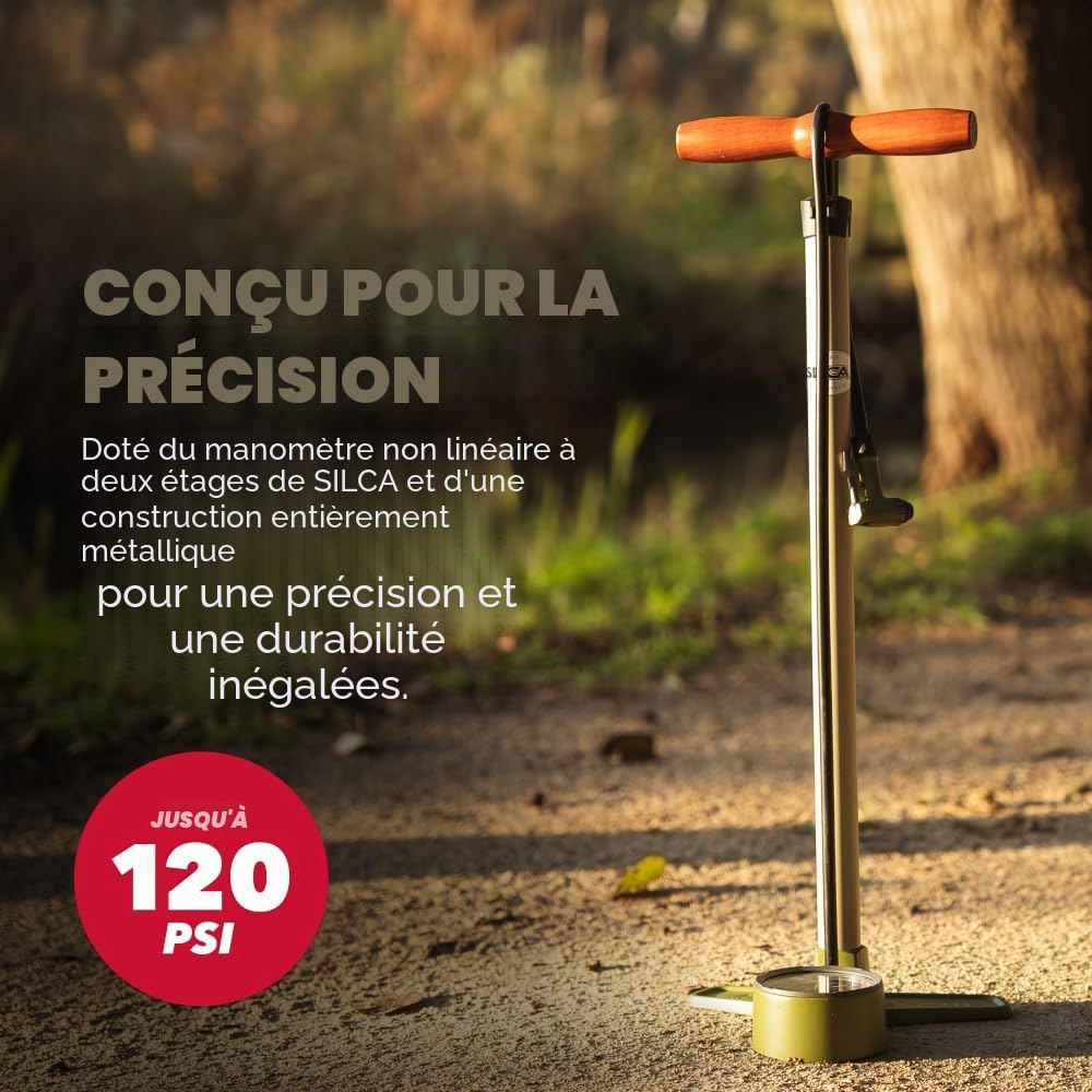 SILCA Terra Pompe à Pied pour vélo | Manomètre Basse et Haute Pression à 2 étages | Mandrin de Verrouillage réversible Presta et Schrader |Résolution de 0,5 psi jusqu'à 30 psi et Maximum 120 psi