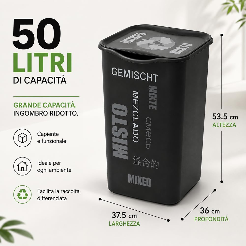 BAKAJI Set 4 Pattumiere per Raccolta Differenziata, Bidoni Spazzatura da 50 Litri con Coperchio e Design Moderno a Scritte Colorato, Contenitori Immondizia da Esterno e Interno, 37.5 x 36 x 53.5 cm