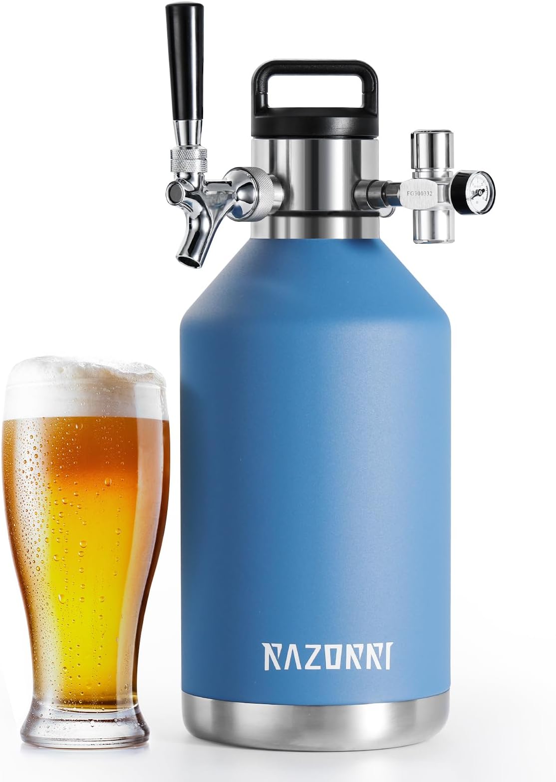 Razorri 128oz Beer Growler Stainless Steel - Carbonated Keg, Double-Wall Vacuum Insulated - Professional Bar Tap - Pressurized CO2 Regulator - Keeps Drinks Perfectly Cold - 1 Gallon, Ocean Blue