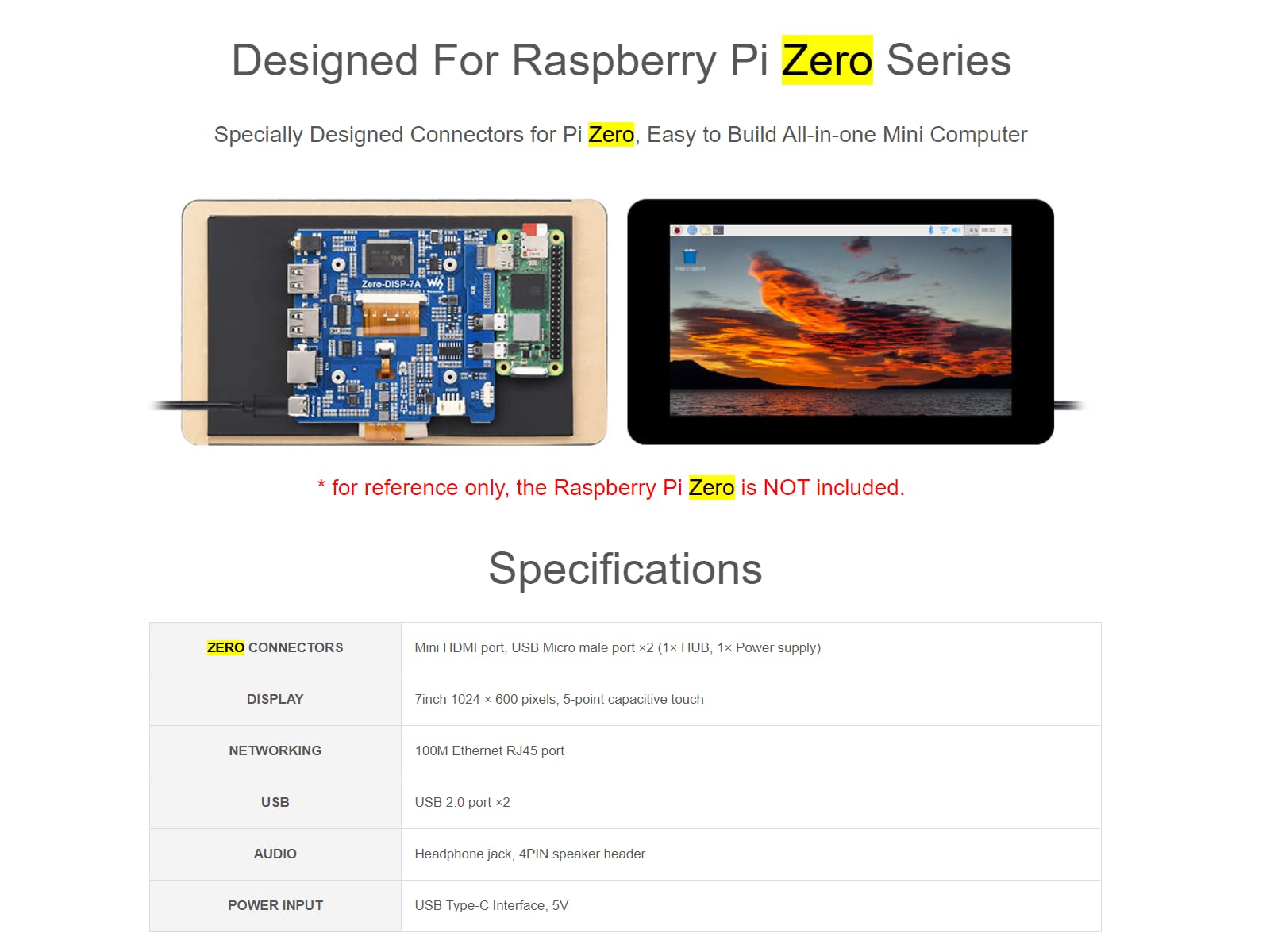 Waveshare 7 Inch 5-Point Capacitive Touch Screen Display Kit for Raspberry Pi Zero 7'' 1024×600 Resolution IPS Display Expansion Board,Easy to Build All-in-One Mini Computer