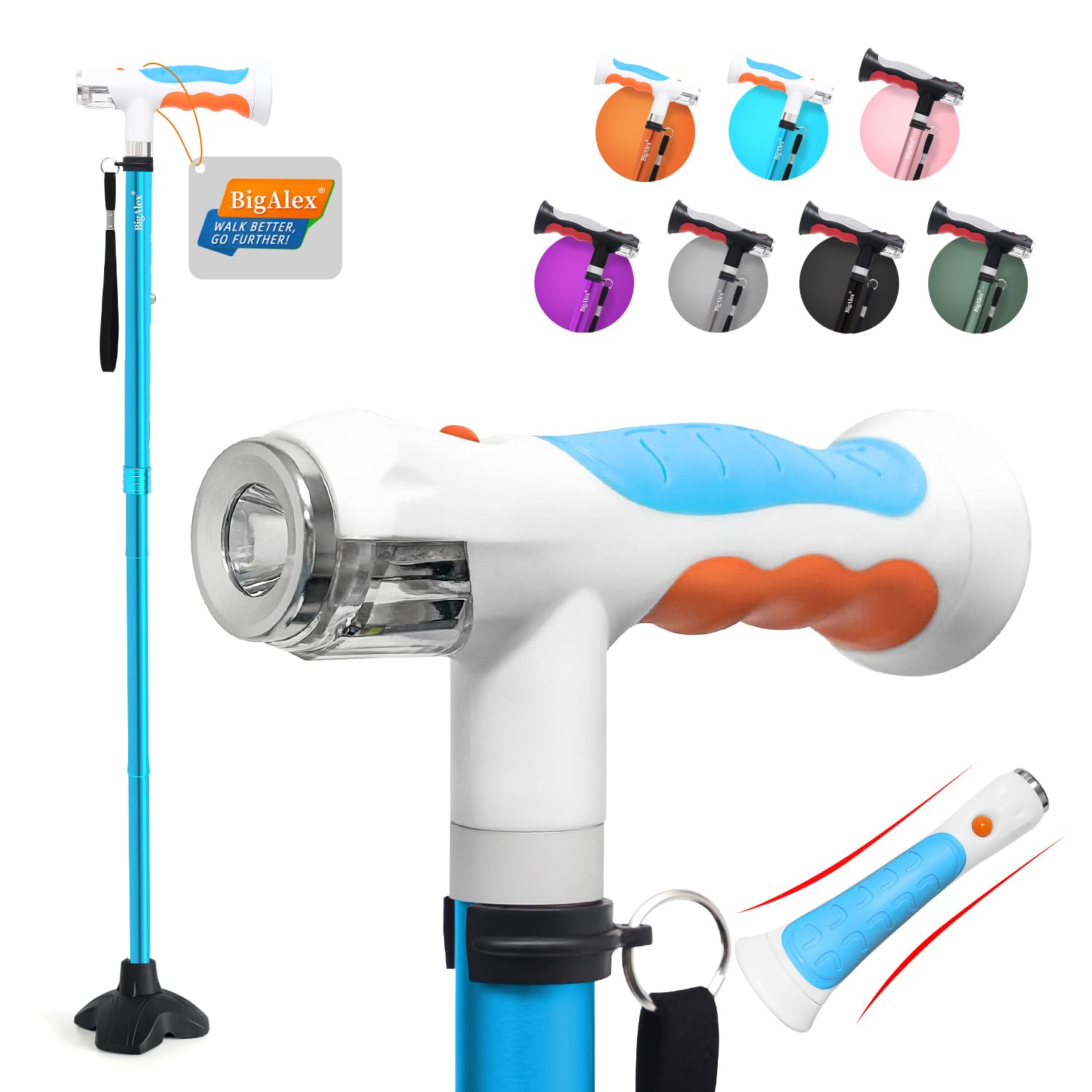 BigAlex Canne de Marche Double Lumière pour Dames et Messieurs - Pliable, Réglable en Hauteur, Quadruple Base Antidérapante, Éclairage LED Intégré, Cannes de Marche pour Les Hommes et Les Femmes