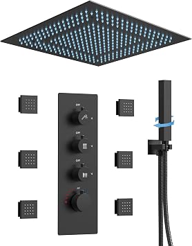 64 Color LED Mood Lighting Rainfall Shower System, 20" Ceiling Mount Bathroom Shower Faucet Set Matte Black