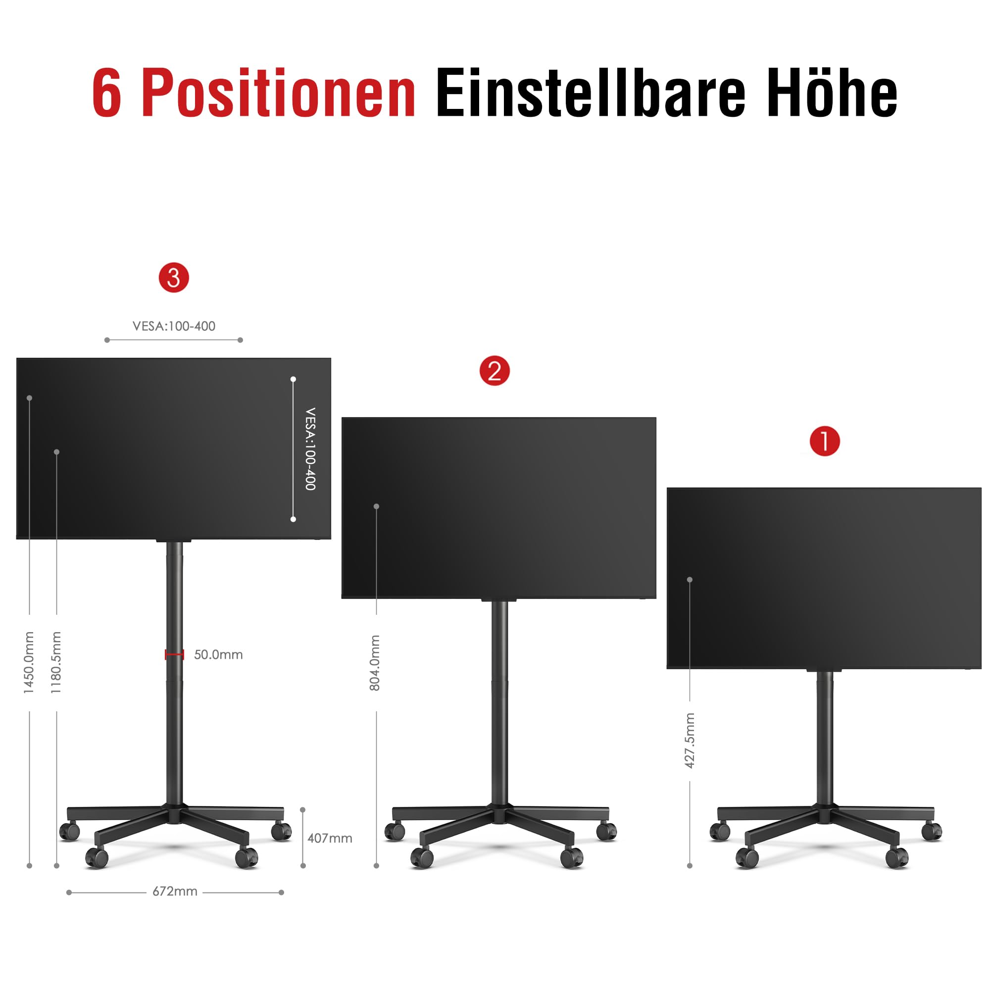 AOKCOS TV Ständer Rollbar für 32-65 Zoll Fernseher, Neigbar & Höhenverstellbar Fernsehständer mit Rollen, Schraubenloses Design TV Standfuss Standfuß Bodenständer Universal Max VESA 400x400mm 40kg