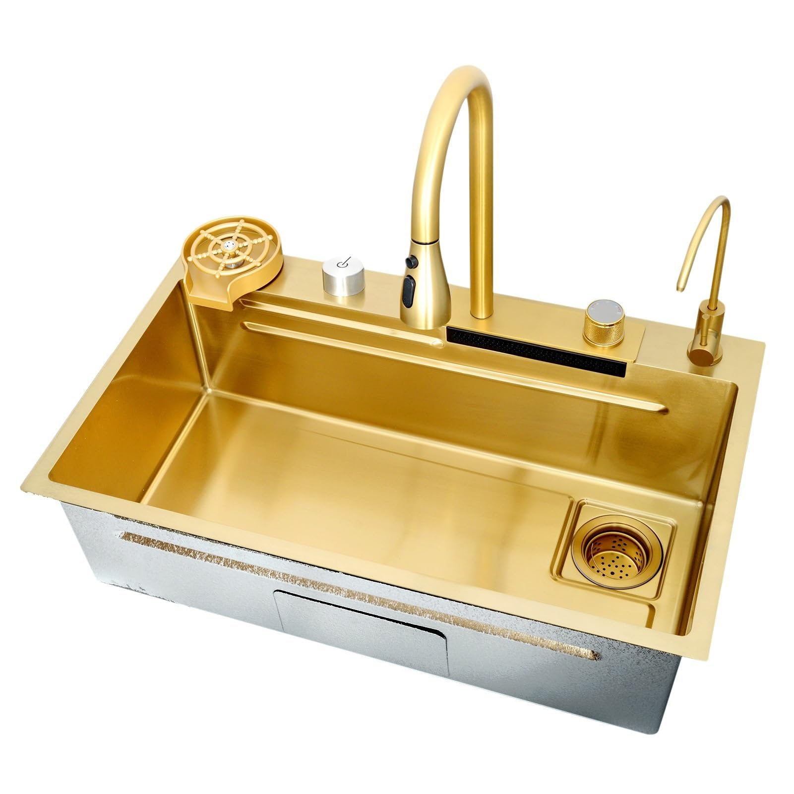 Fregadero de Cocina Grande Tipo Cascada, Fregadero Multifuncional para Bar con Grifo extraíble, lavavasos y Kit de desagüe, Fregadero de Acero Inoxidable de un Solo Seno Estilo gra